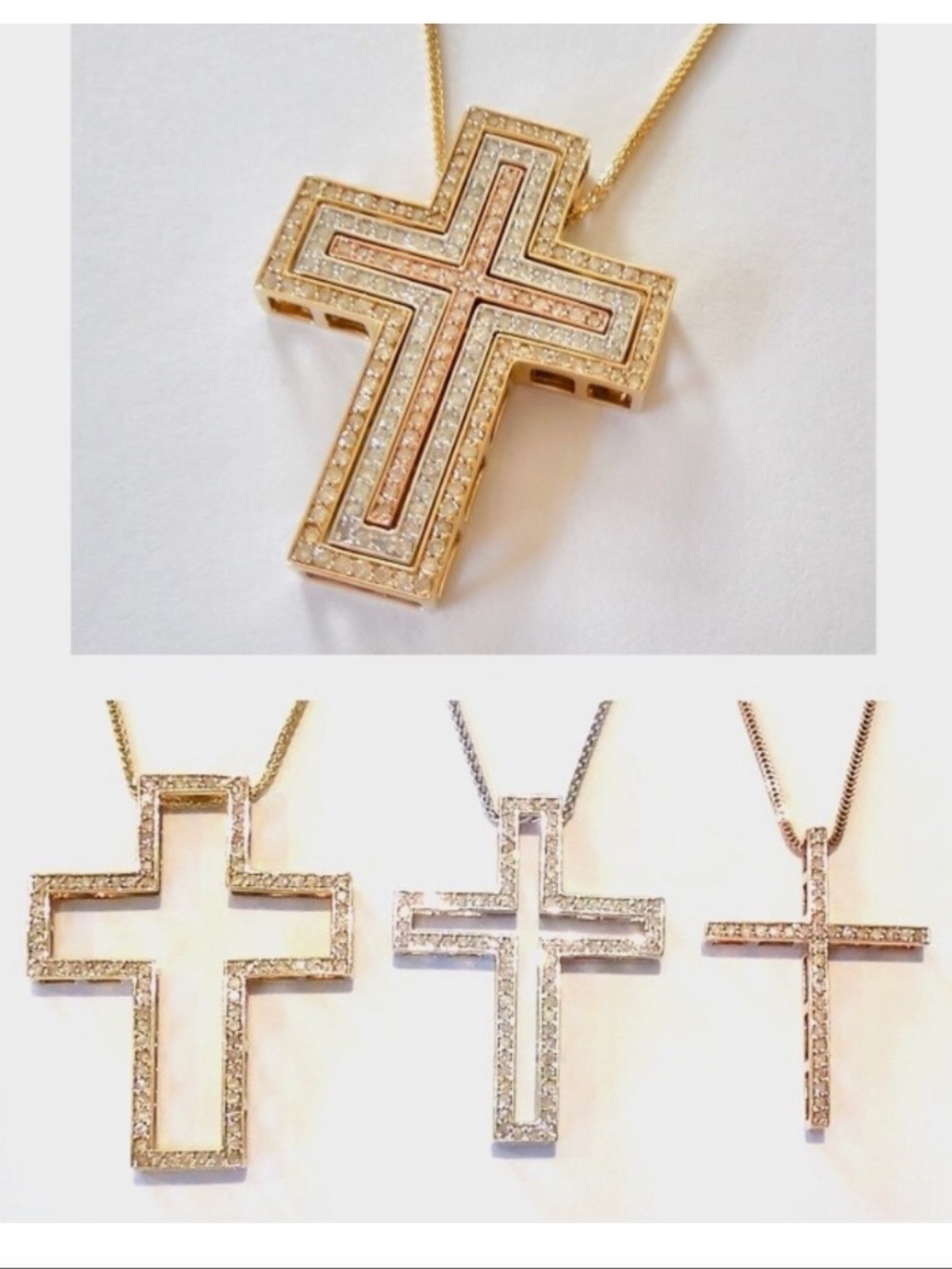 3 CROSS DIAMOND 15.5 Grams Pendant Necklace in 14K Yellow, White, Rose Gold